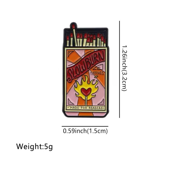"Slow Burn" Enamel Pin - Matchbox Literary Book Lover Design - Picture 2 of 3